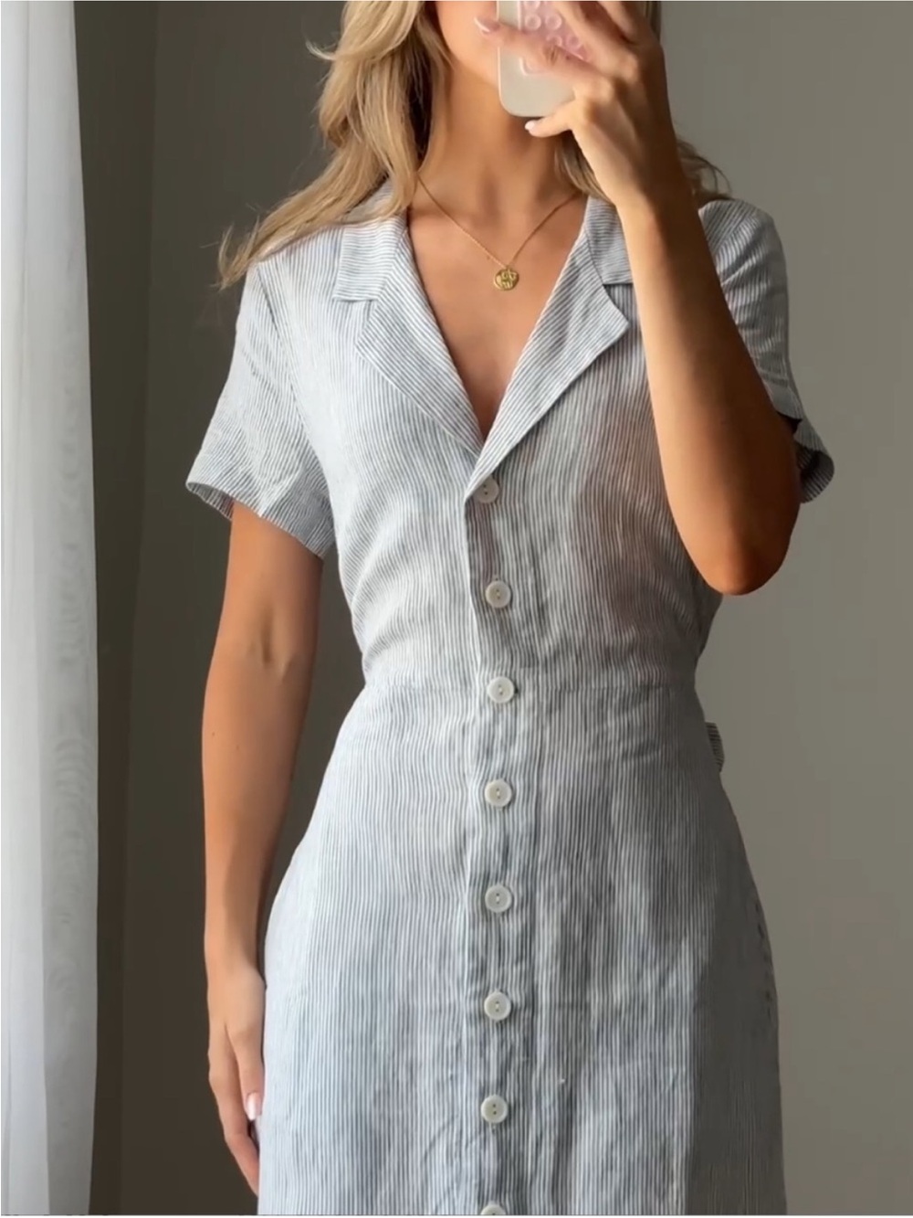 Quince 100% European Linen Button Front Midi Dress, Blue Pinstripe, No Belt, M
